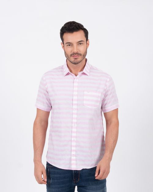 Camisa rosada-blanca de rayas manga corta para hombre