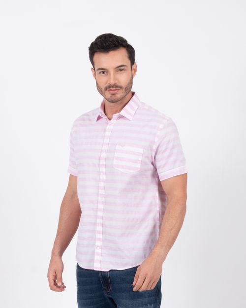 Camisa rosada-blanca de rayas manga corta para hombre