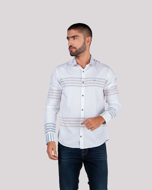 Camisa blanca de rayas manga larga para hombre