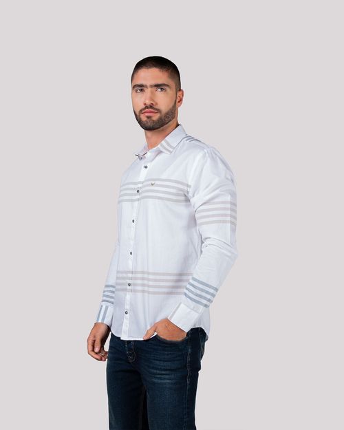 Camisa blanca de rayas manga larga para hombre