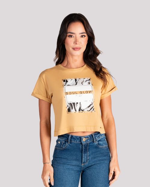 Camiseta caqui estampado frontal para mujer