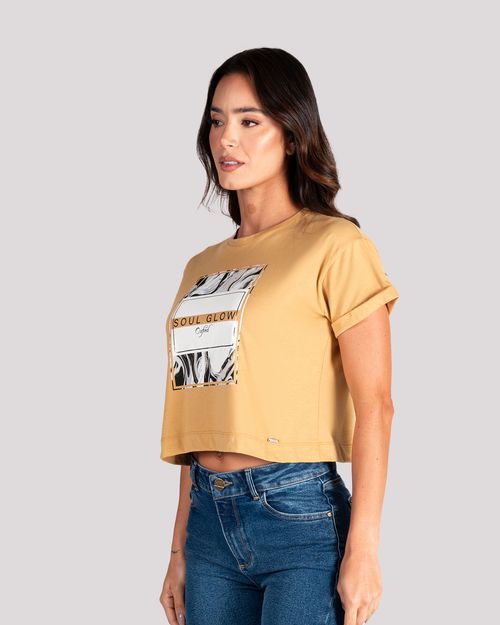Camiseta caqui estampado frontal para mujer