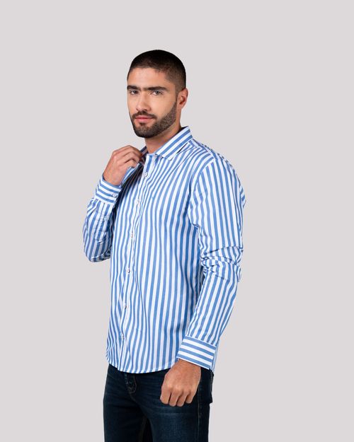 Camisa azul rayas manga larga para hombre