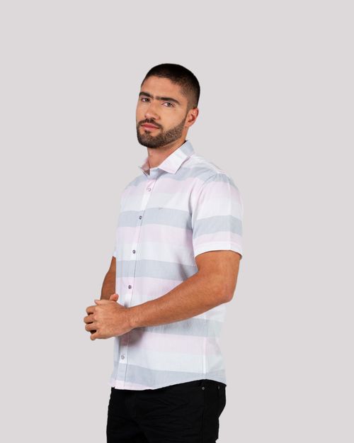 Camisa rosada de rayas manga corta para hombre